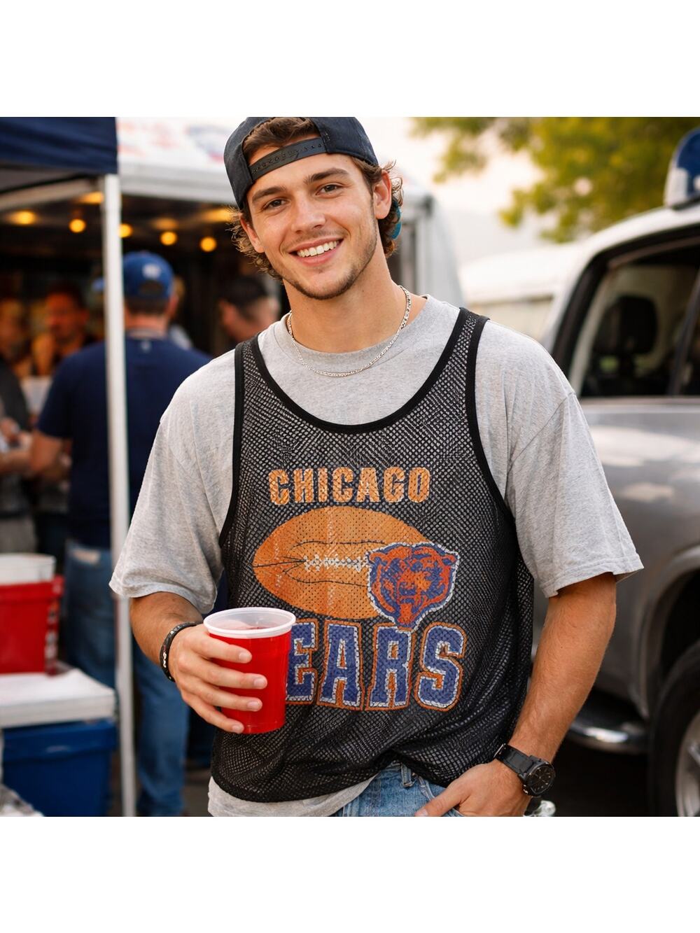 Chicago Bears VTG SZ L Single Stitch Unisex Gray Tee With Mesh Tank Overlay RARE